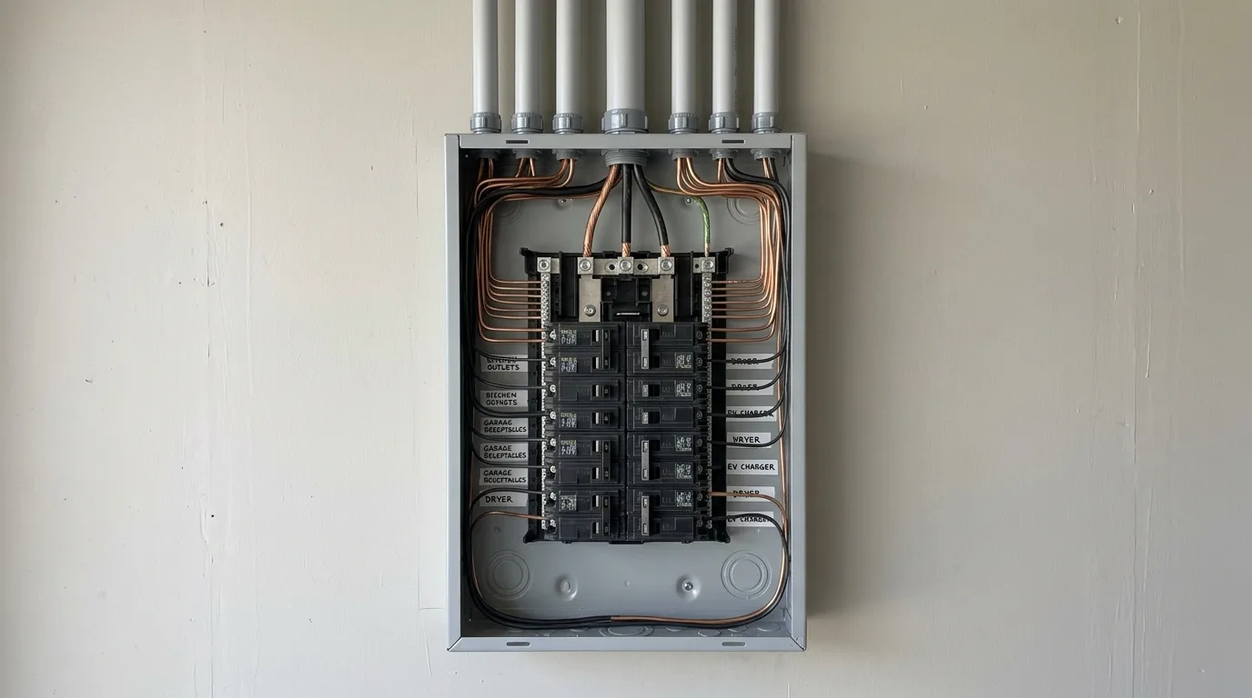 A suburban garage wall after the upgrade: a new 200-amp load center installed and connected on the wall, deadfront off, labeled breaker rows and combed copper conductors, fresh conduit entering the top, square-on framing in flat daylight with the panel centered and nothing else in the frame