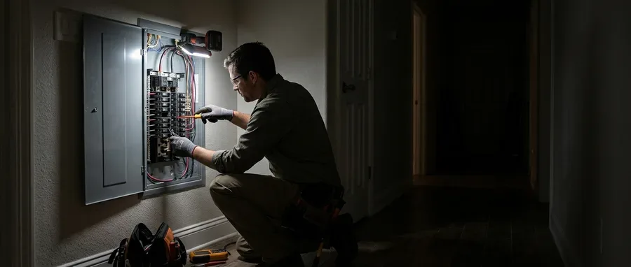 Close-up of gloved hands inspecting a scorched electrical outlet with the cover plate removed, exposed wiring visible under a flashlight beam, dim interior, no faces, no text
