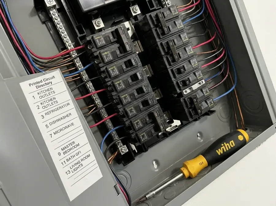 Interior of a newly installed 200-amp electrical panel, door open, two neat rows of labeled breakers and a printed circuit directory, no people, no text overlays, no logos